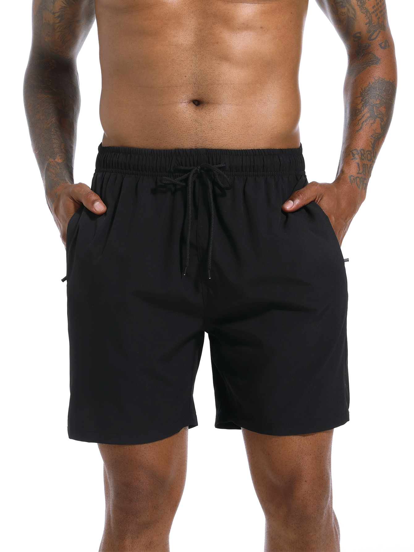 Calção de banho masculino preto de secagem rápida, bermuda de praia com cordão na cintura elástica e bolsos, bermuda