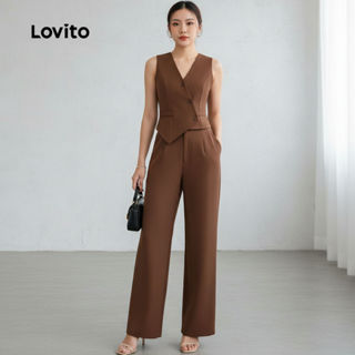 Lovito Calças Femininas Elegantes de Botão para Primavera Verão Marrons Tops ou Calças L158ED727 em Oferta na Shopee