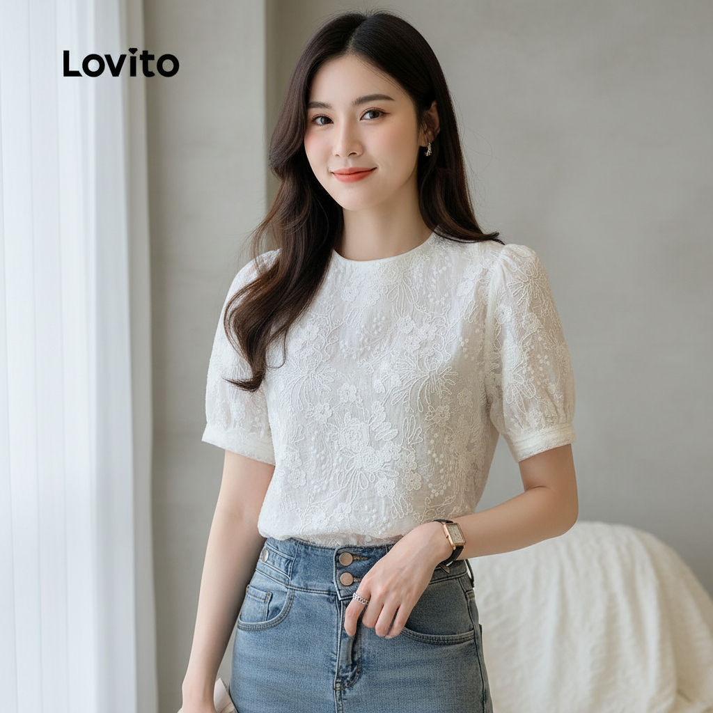 Blusa Feminina Lovito Boho Bordada em Tule e Jacquard Branca para Primavera/Verão L138ED252 em Oferta na Shopee