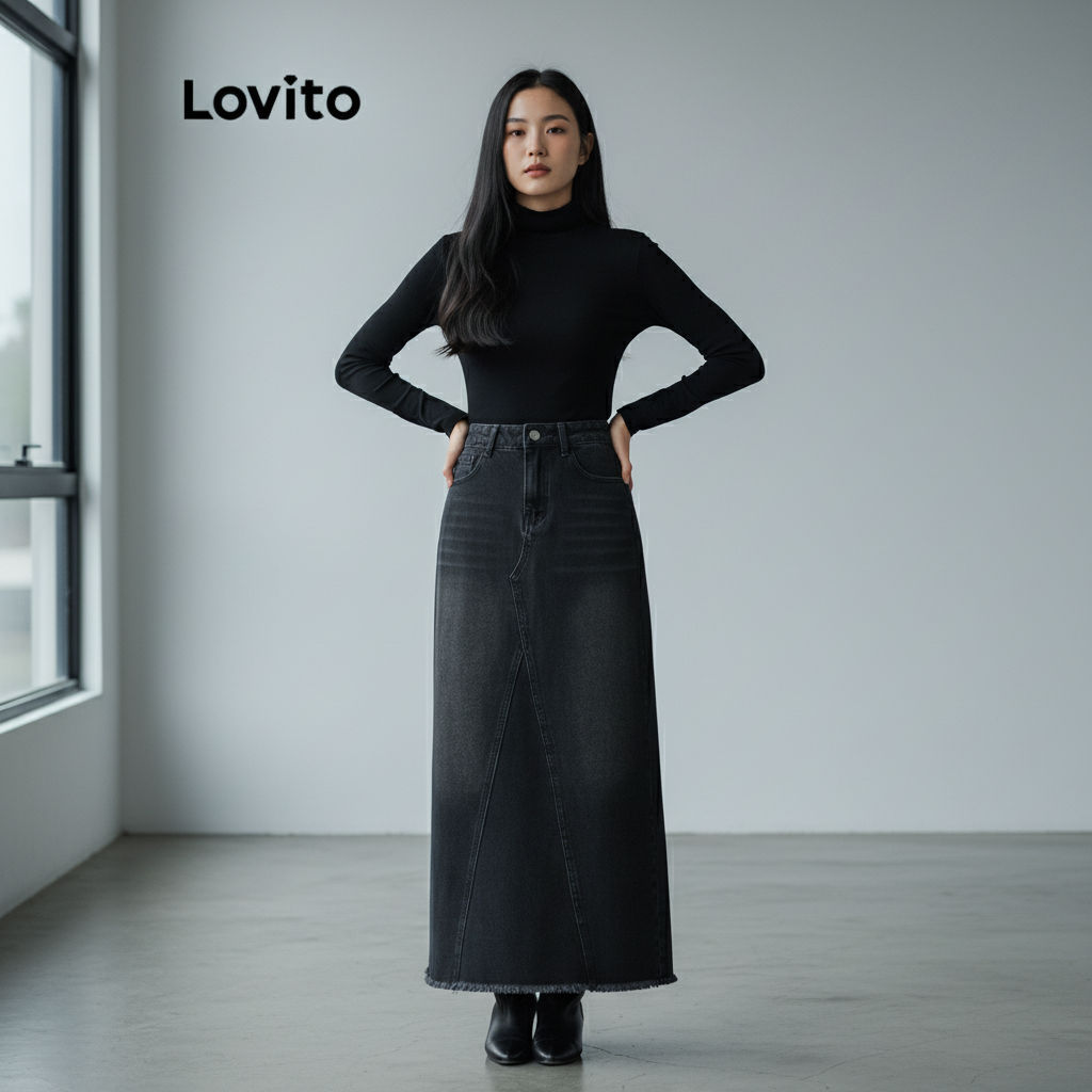 Lovito Saia Casual Jeans Feminina Lisa Lavada L105MD048 em Oferta na Shopee