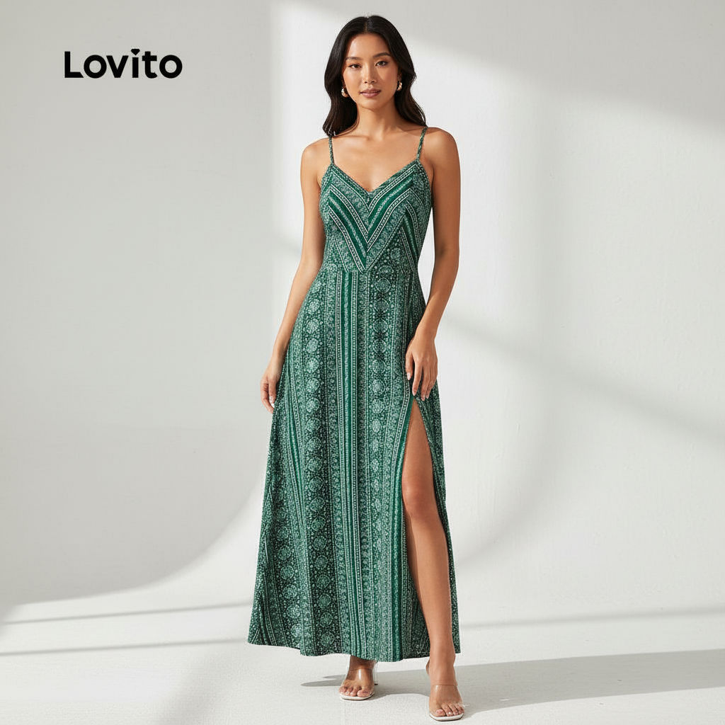 Lovito Vestido Feminino Estilo Boho Abertura Frontal Verde Estação Quente LBL31091