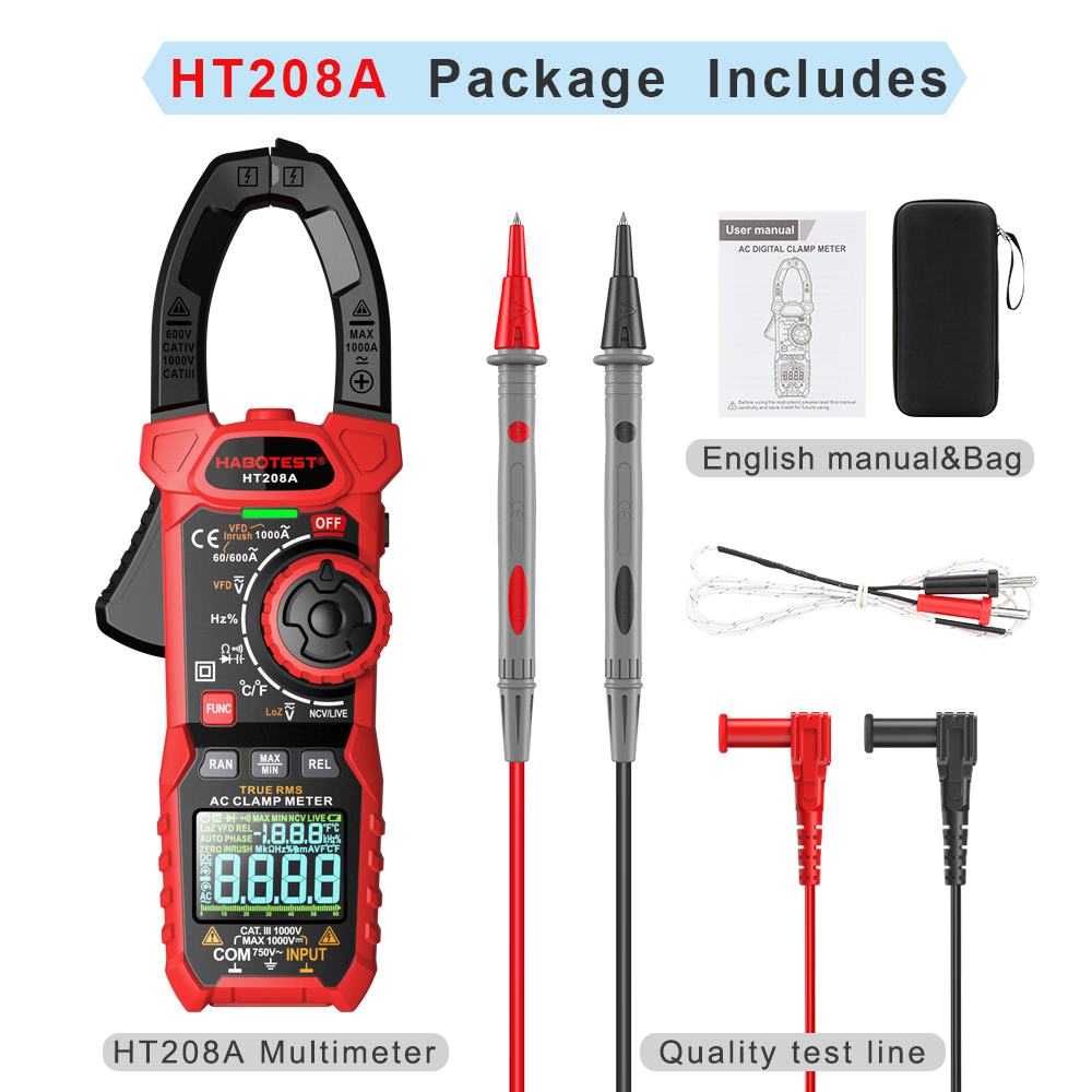 Um Conjunto De Medidor De Braçadeira HT208 1000V AC DC True RMS Multímetro Faixa Automática Com 6000 Contagens E 1 Ano D