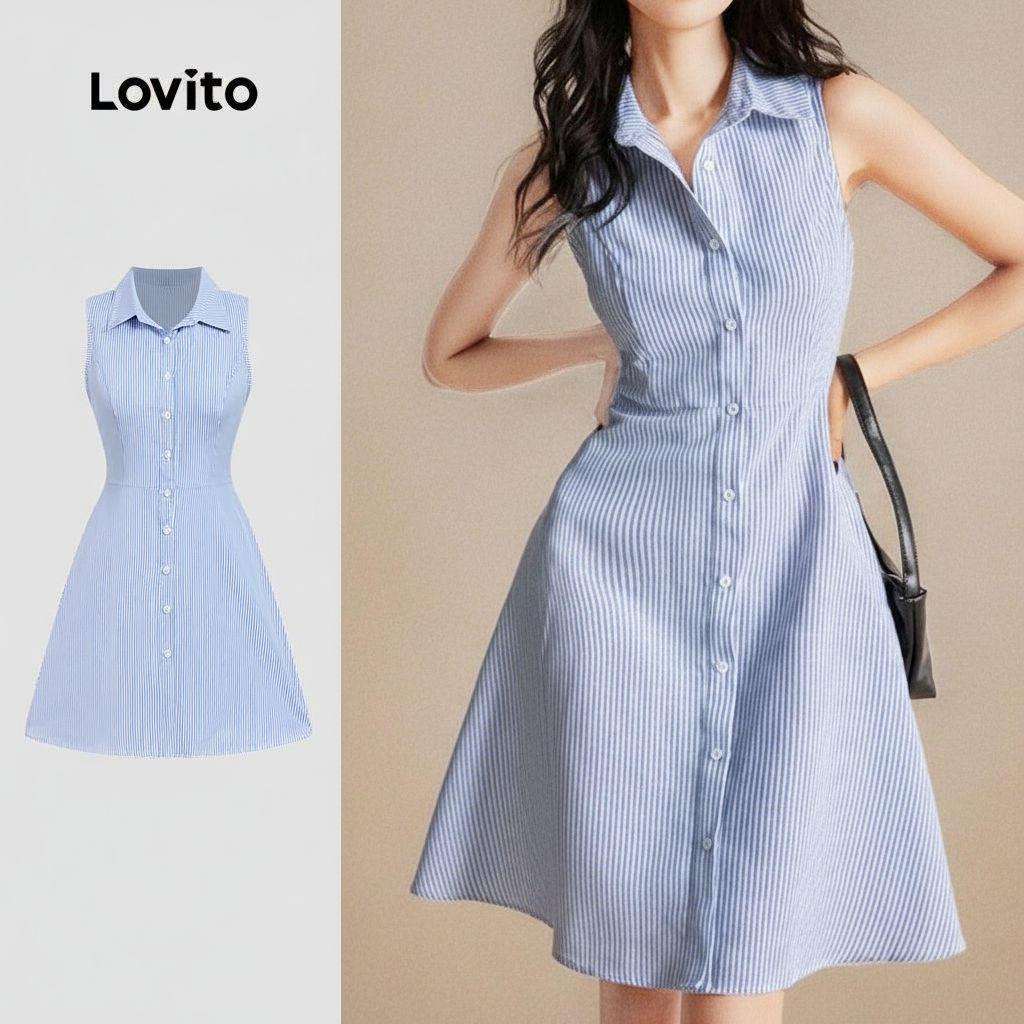 Lovito Elegante Vestido sofisticado com botões frontais para uso diário azul cla