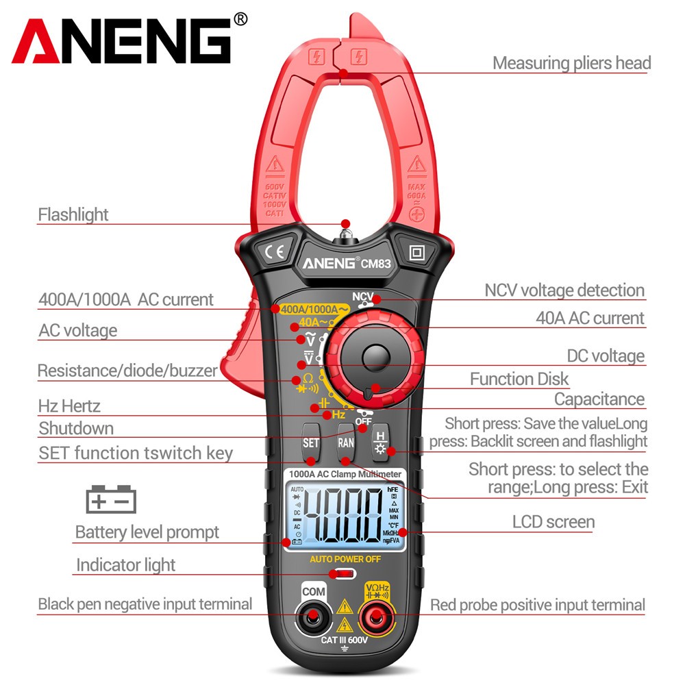 ANENG One Set CM83 1000A Multímetro Medidor De Braçadeira Digital , True RMS 4000 Contagens Com Testador De Capacitância
