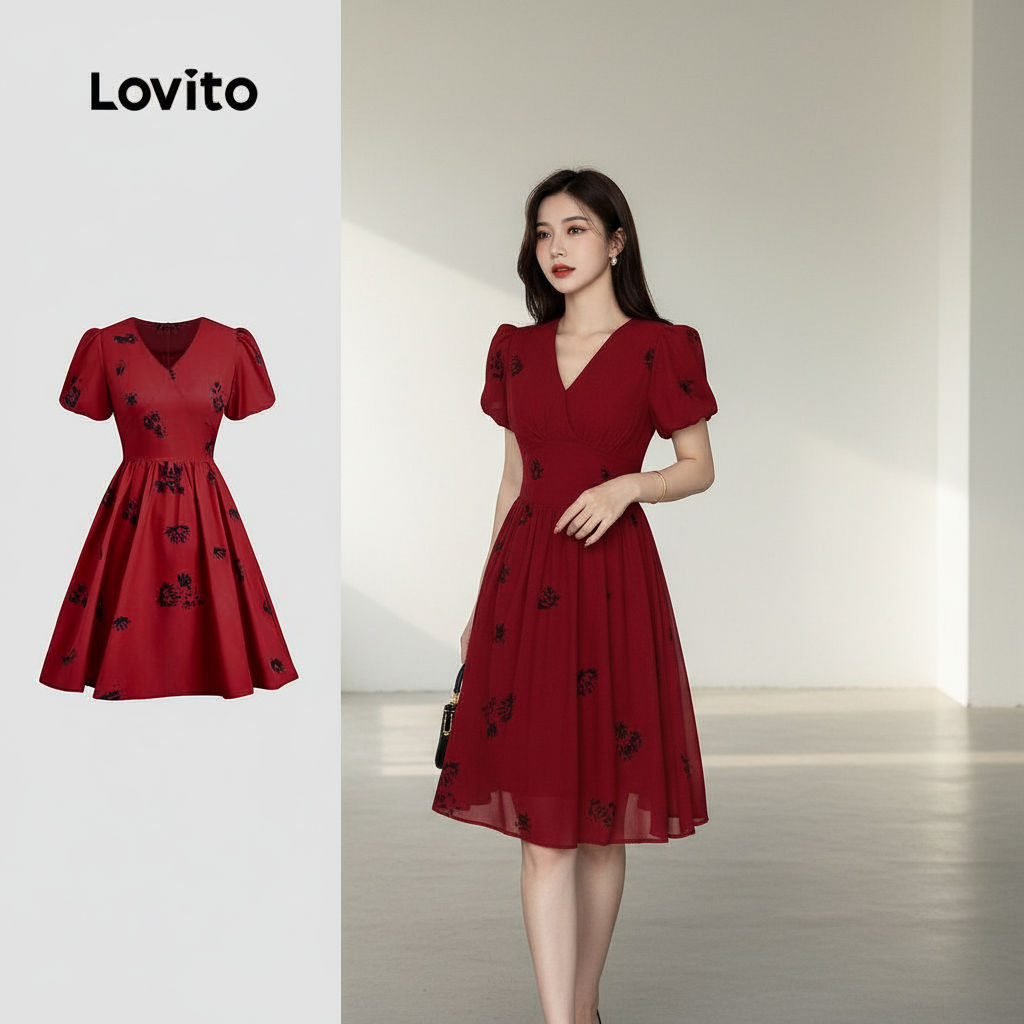 Lovito Vestido Sofisticado com Estampa Floral Primavera/verão Vermelho Feminino L158ED1059