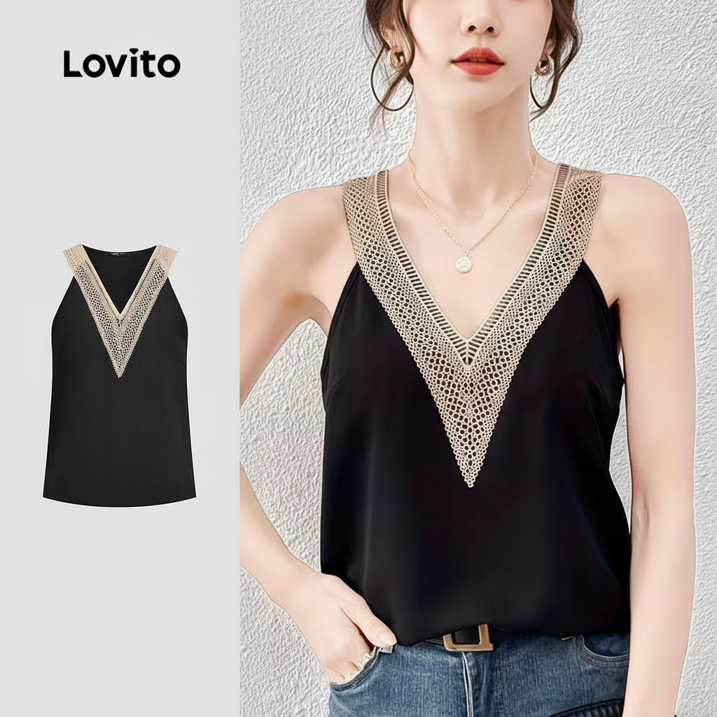 Lovito Blusa Casual Feminina Preta com Babados no Decote para Primavera Verão L158AD148 em Oferta na Shopee