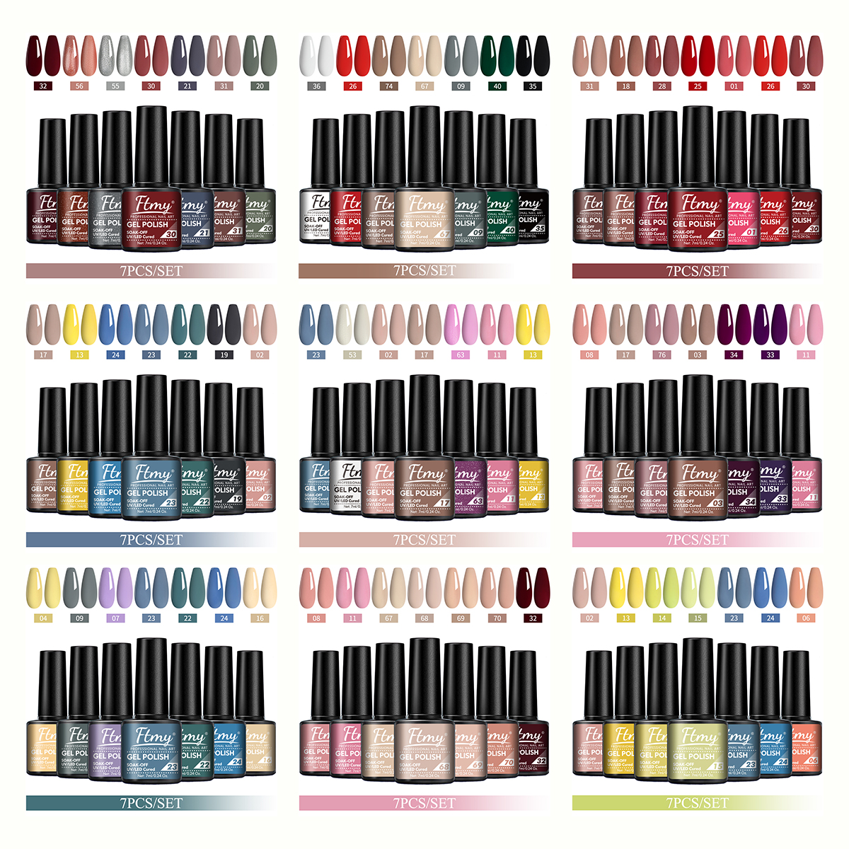 Conjunto de esmalte de 7 peças, 7 ml cada, de imersão, requer lâmpada LED UV para unhas. Esmalte profissional