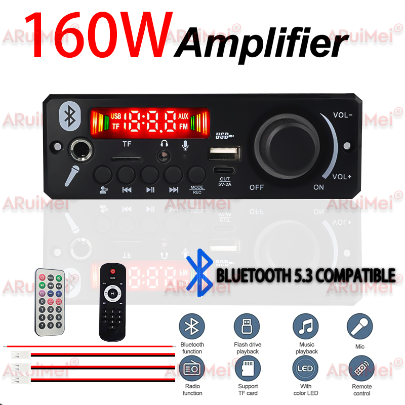 Placa Amplificadora Bluetooth 5.0 2x80W DC 8-24V com Controle Remoto e Display para Home Theater e Sistema de Som
