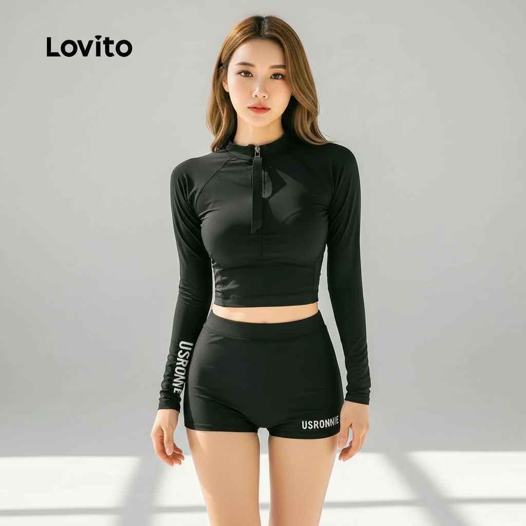 Lovito Conjunto de Biquíni 2 Peças Esportivo com Estampa Preto para Verão LNE130X054 em Oferta na Shopee