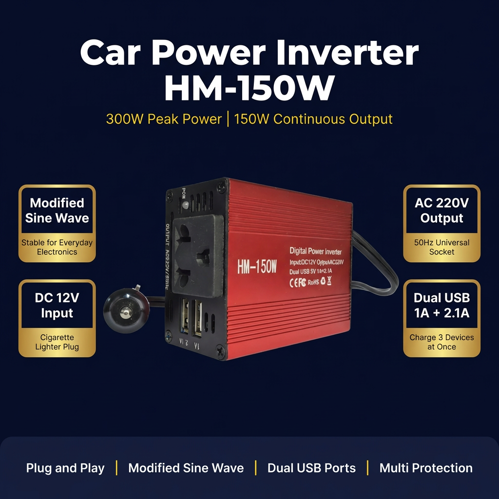 Inversor de Tensão Veicular 150W DC 12V para AC 220V Onda Senoidal Modificada Plug UE Duplo USB Conversor DC para AC