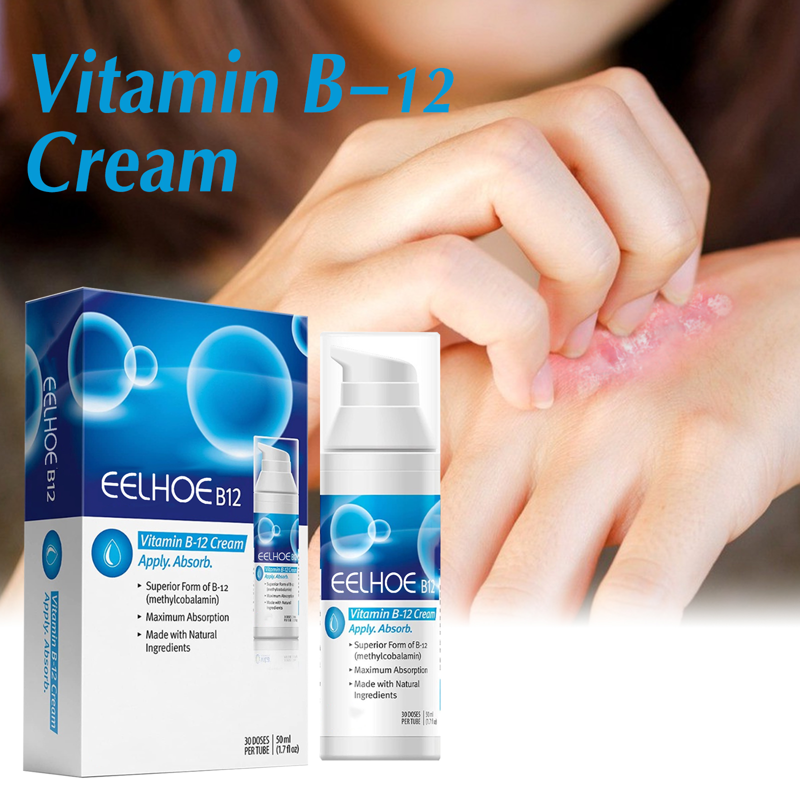 Creme Hidratante de Vitamina B12 50 ml para Psoríase e Dermatite – Alívio para Coceira, Vermelhidão e Descamação |