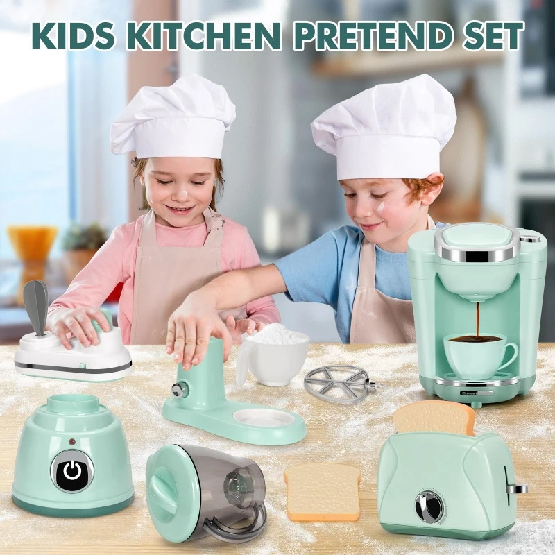 Conjunto de Eletrodomésticos de Cozinha de Brinquedo para Crianças com Máquina de Lavar, Espremedor, Torradeira,
