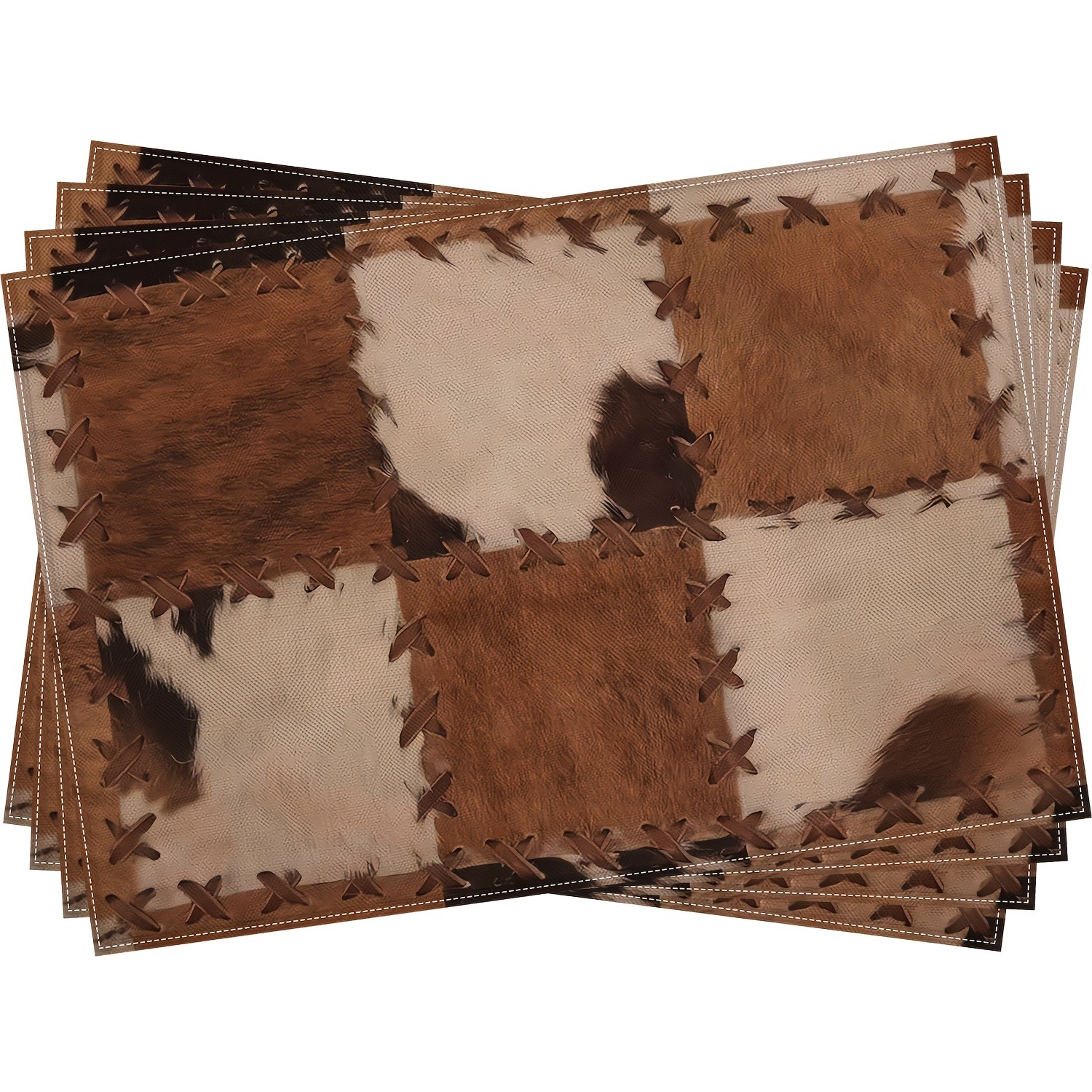 Conjunto De Jogos Americanos De Retalhos De Couro Rústico Com 4 Tapetes De Mesa Ocidentais De Fazenda Costurados Em Fals