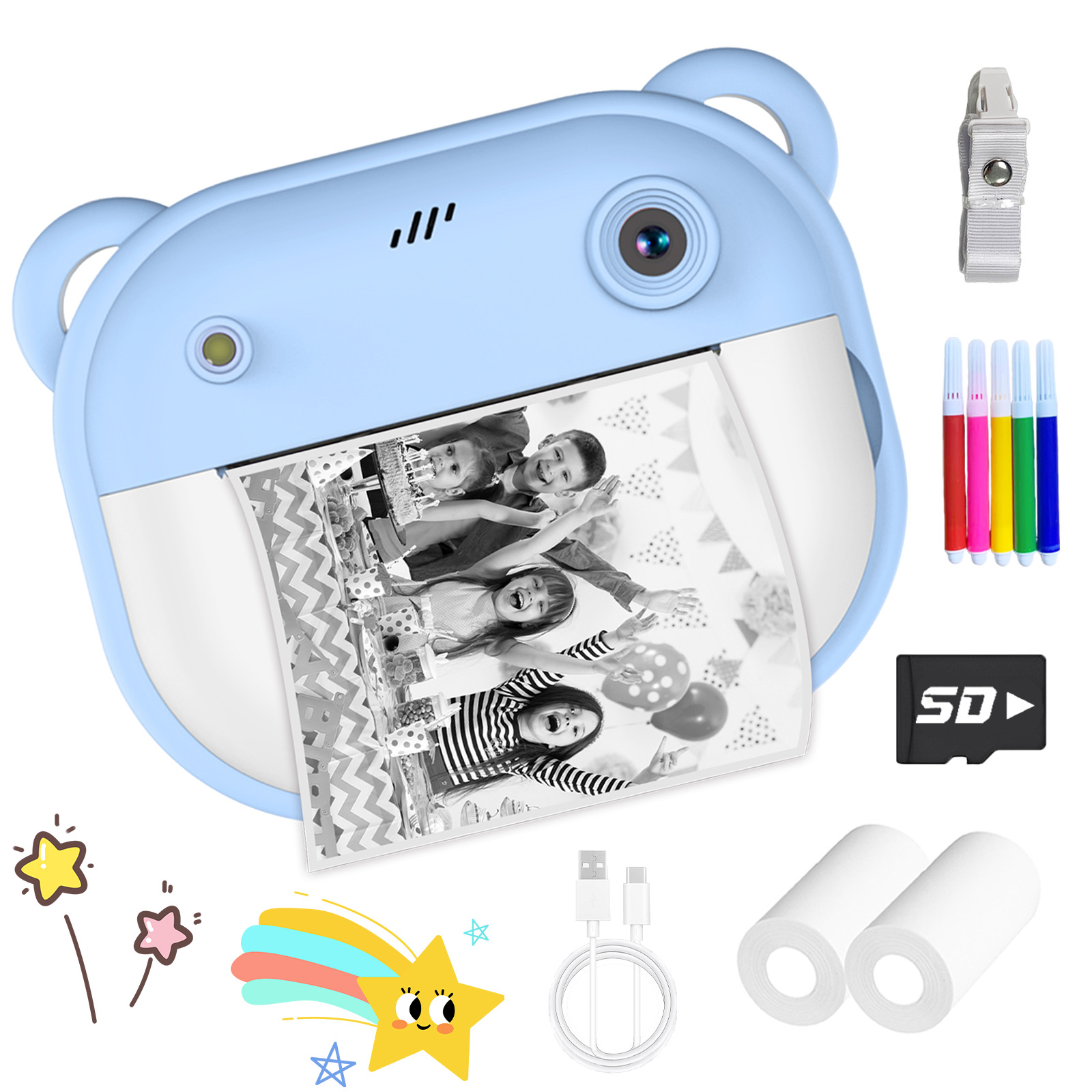 Câmera Instantânea Infantil, Impressão Instantânea de Fotos, Cartão de Memória Incluso, Presente Ideal para Crianças em
