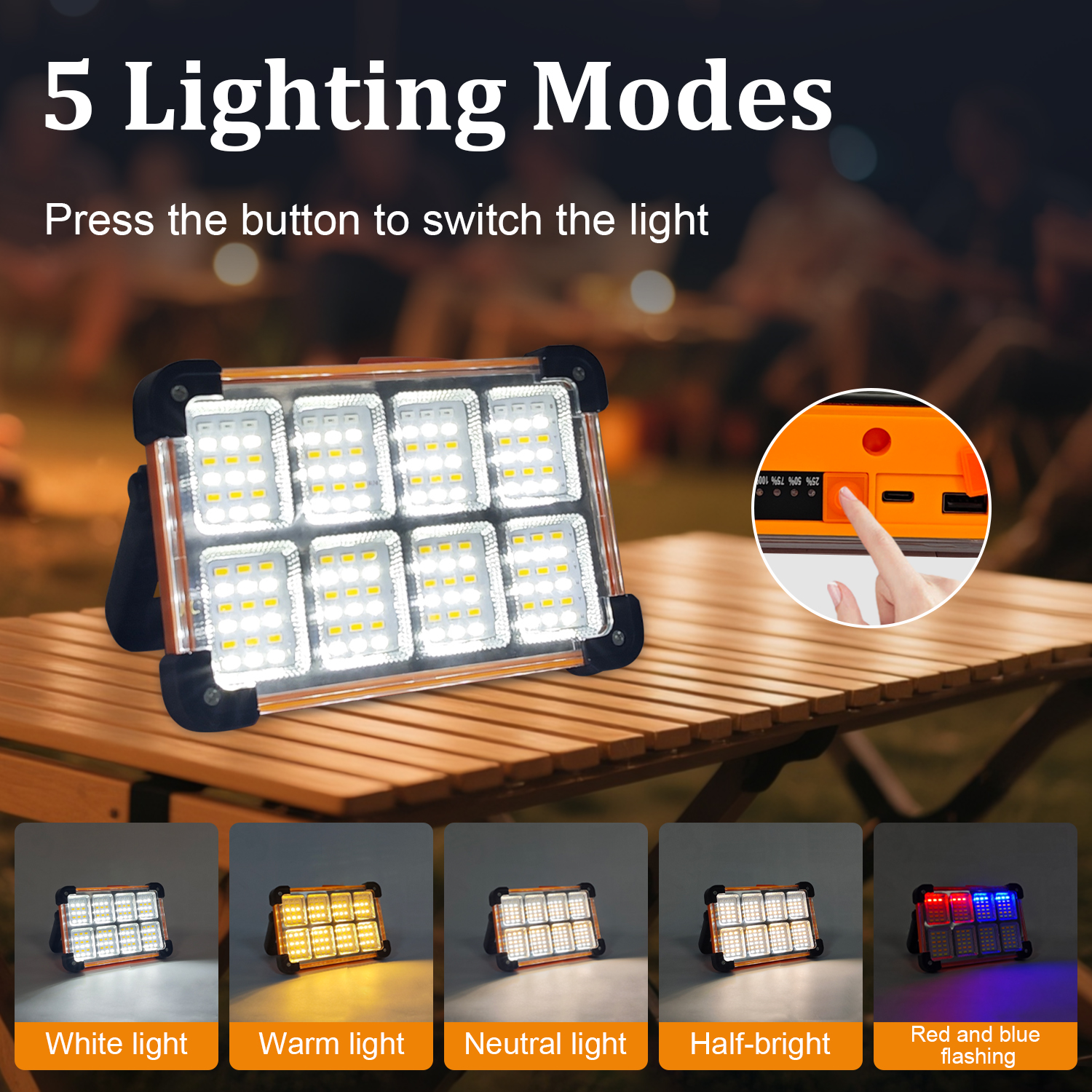 Lanterna solar portátil de emergência, iluminação de camping, à prova d'água, resistente a quedas, alta luminosidade, 5