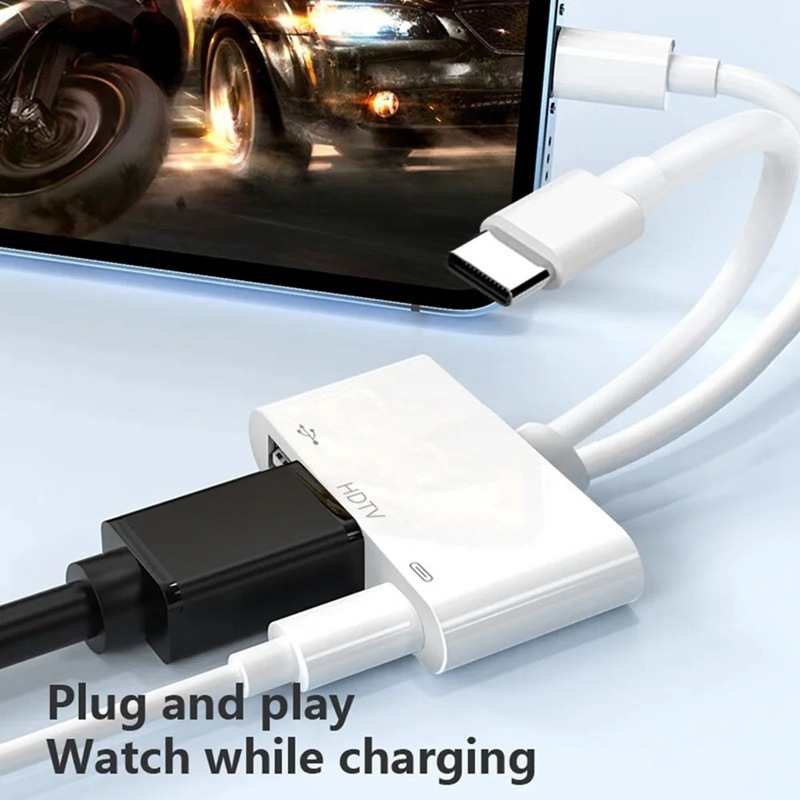 Adaptador HDMI exclusivo para iOS 3 em 2, conectores USB-C, saída de vídeo HD 2K, hub USB 3.0 para carregamento em