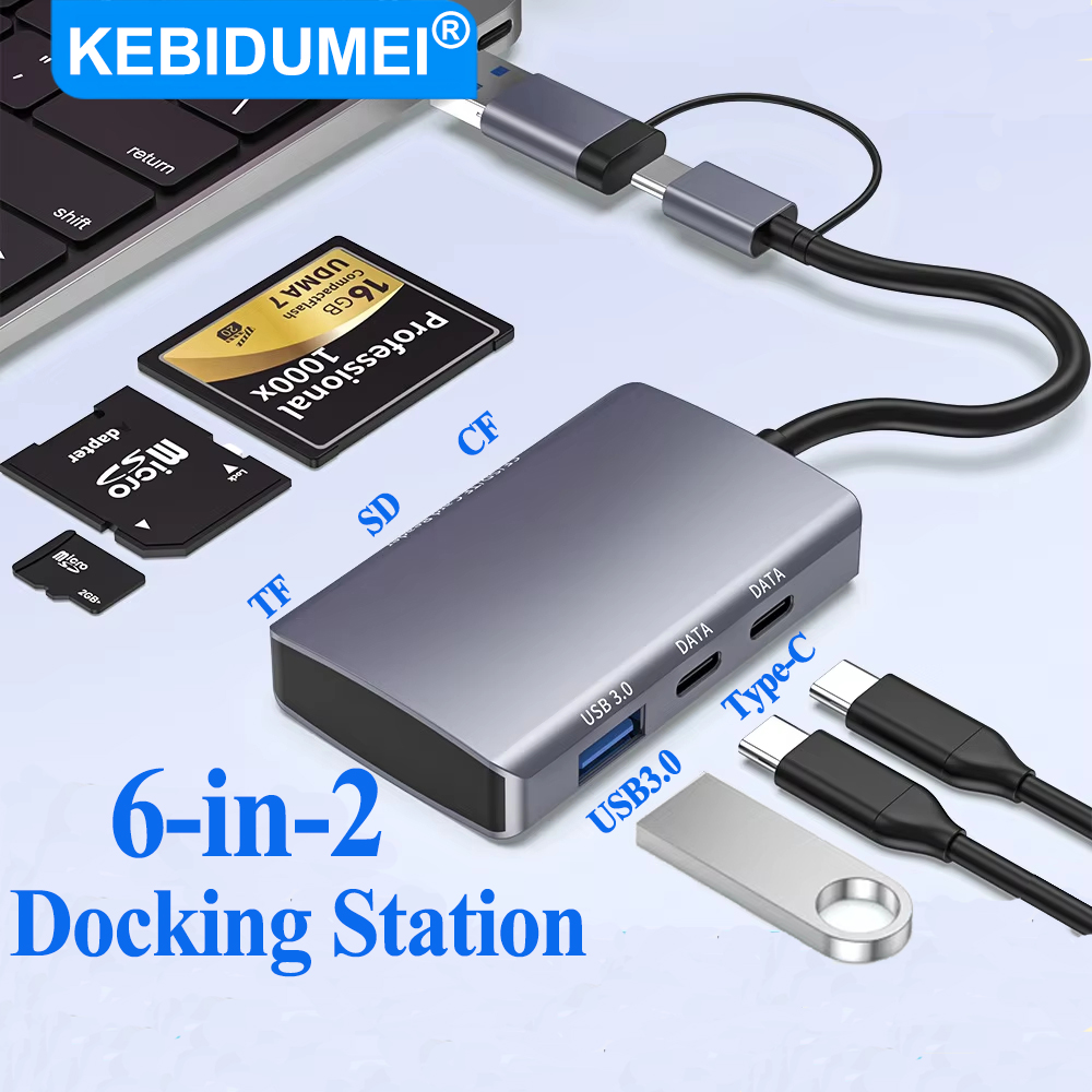 KEBIDUMEI USB 3.0 HUB 6 em 2 Estação de acoplamento USB C Tipo-C para leitor de cartão SD/TF/CF Divisor USB HUB