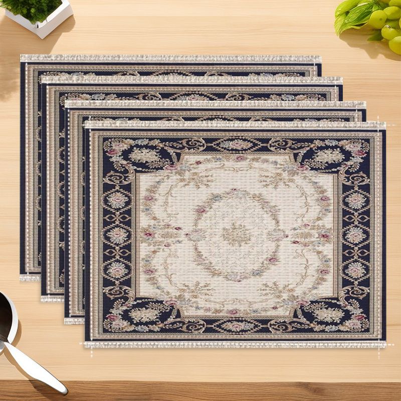 4 Peças De Jogos Americanos Florais Europeus Vintage – Elegante Acabamento Com Borla De Damasco Tapetes De Mesa De Linho