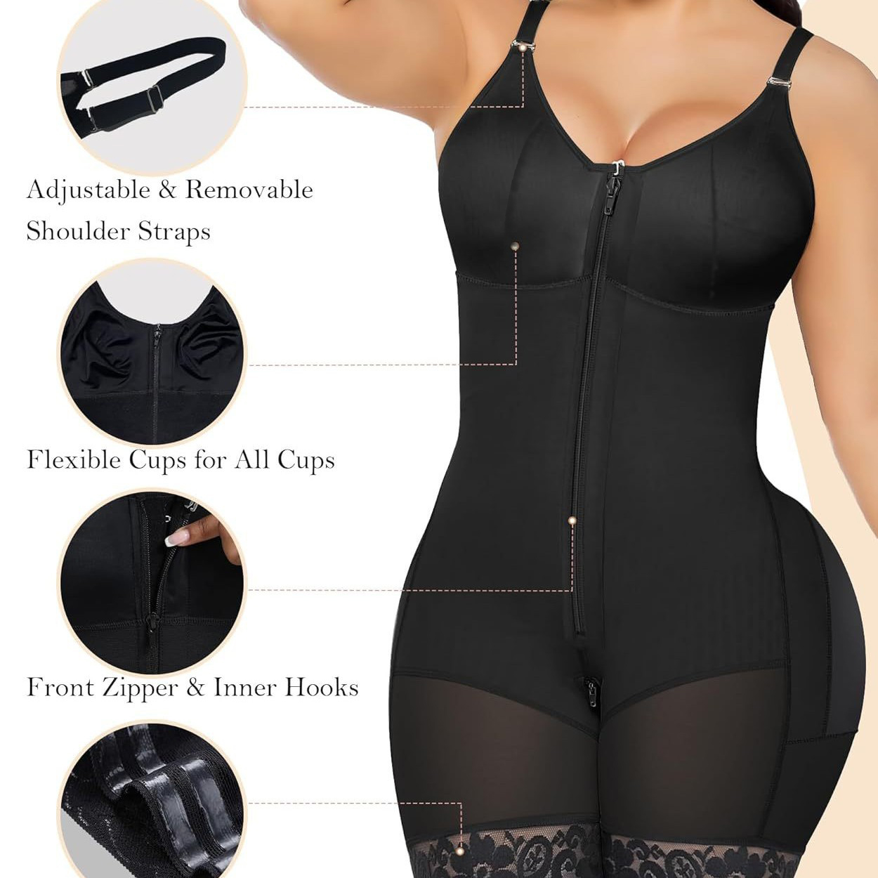 Modelador Feminino, Modelador Corporal com Controle Abdominal e Levantador de Bumbum com Zíper na Virilha, Modelador