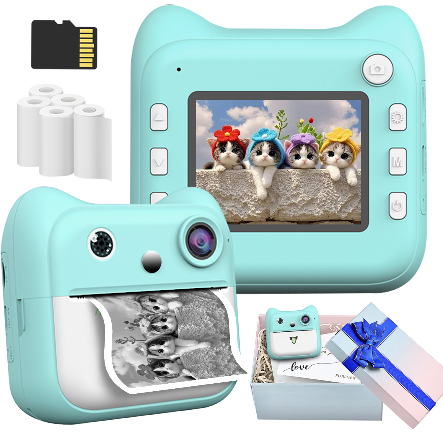 Câmera Instantânea Infantil com Música e Jogos de Quebra-Cabeça, Inclui Cartão, Papel de Impressão e Caixa de Presente