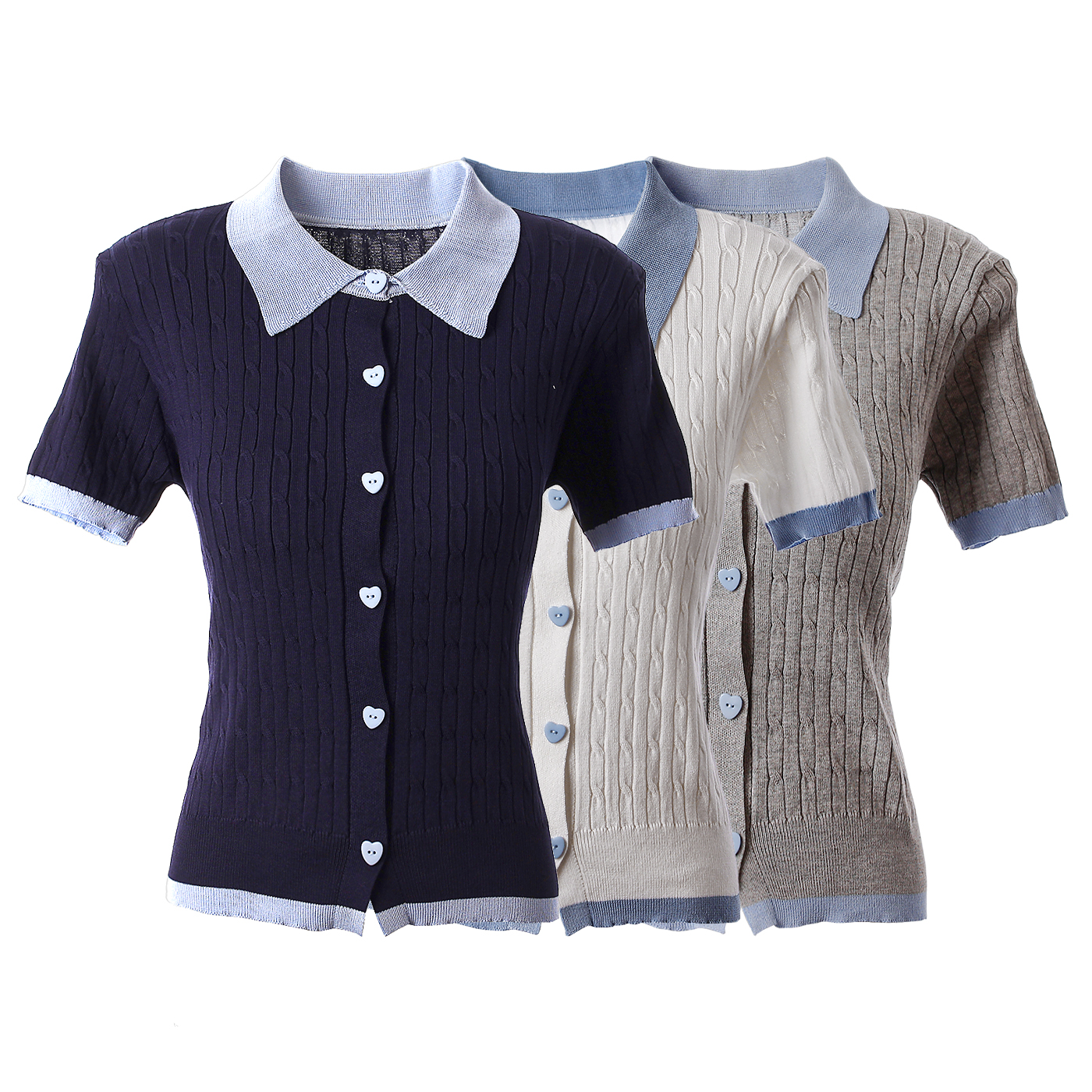 Top Coreano De Malha Com Gola Contrastante , Cardigã De Manga Curta Botão De Coração Recortado Fino , Blusa Versátil De