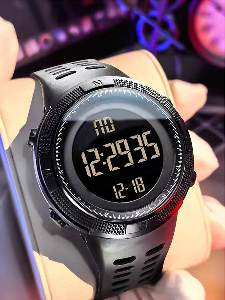 Relógio Esportivo Digital Masculino Preto Todo Resinado com Display LED Multifuncional Cronógrafo Grande Relógio de