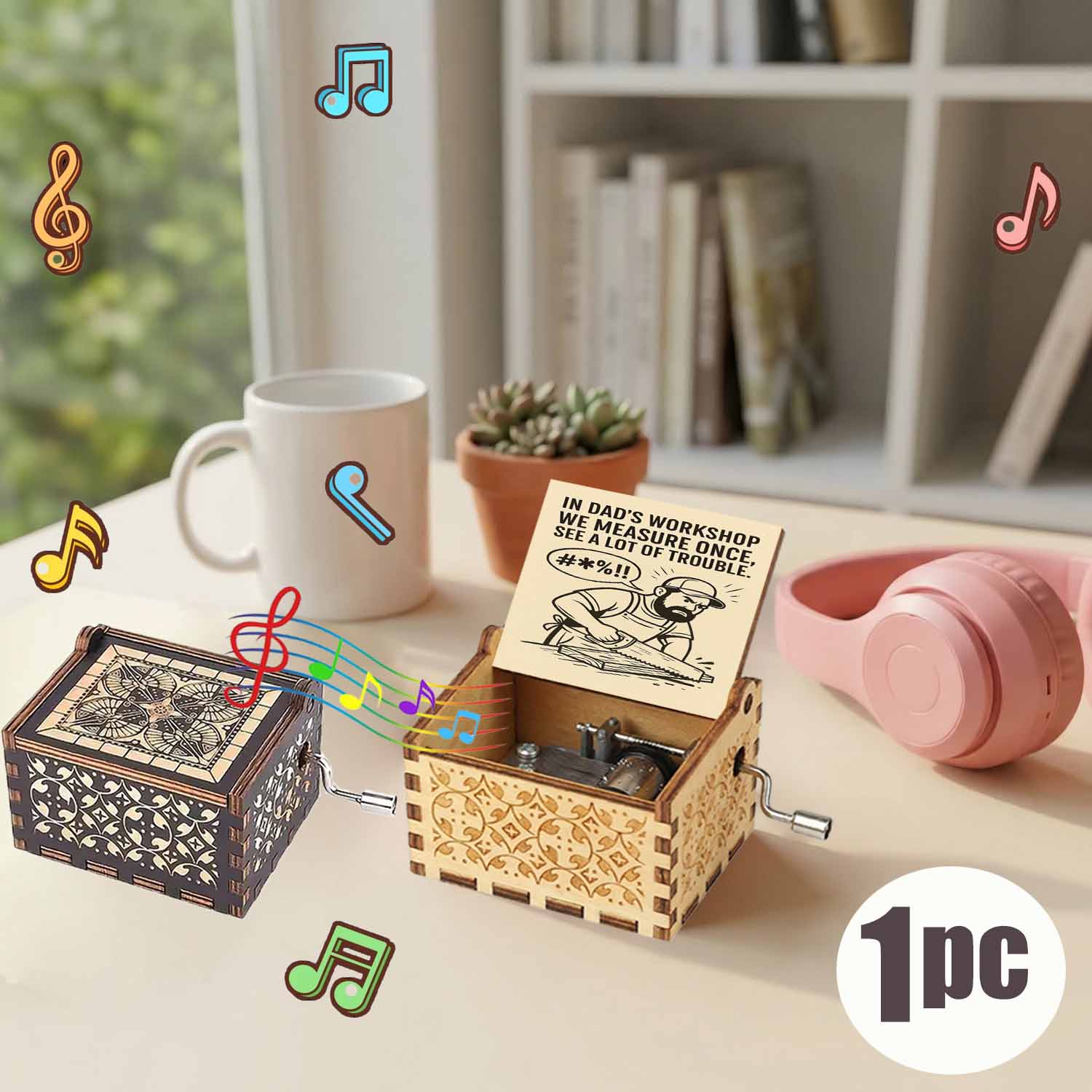 1 peça Pai zangado na oficina com serra, caixa de música vintage de madeira com manivela à mão, presentes de férias para
