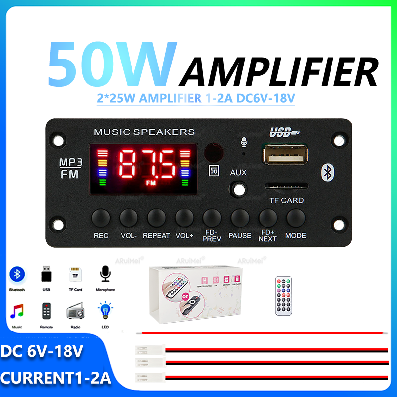 Placa Amplificadora Bluetooth 2x25W com Display 6-18V para Áudio Automotivo e DIY