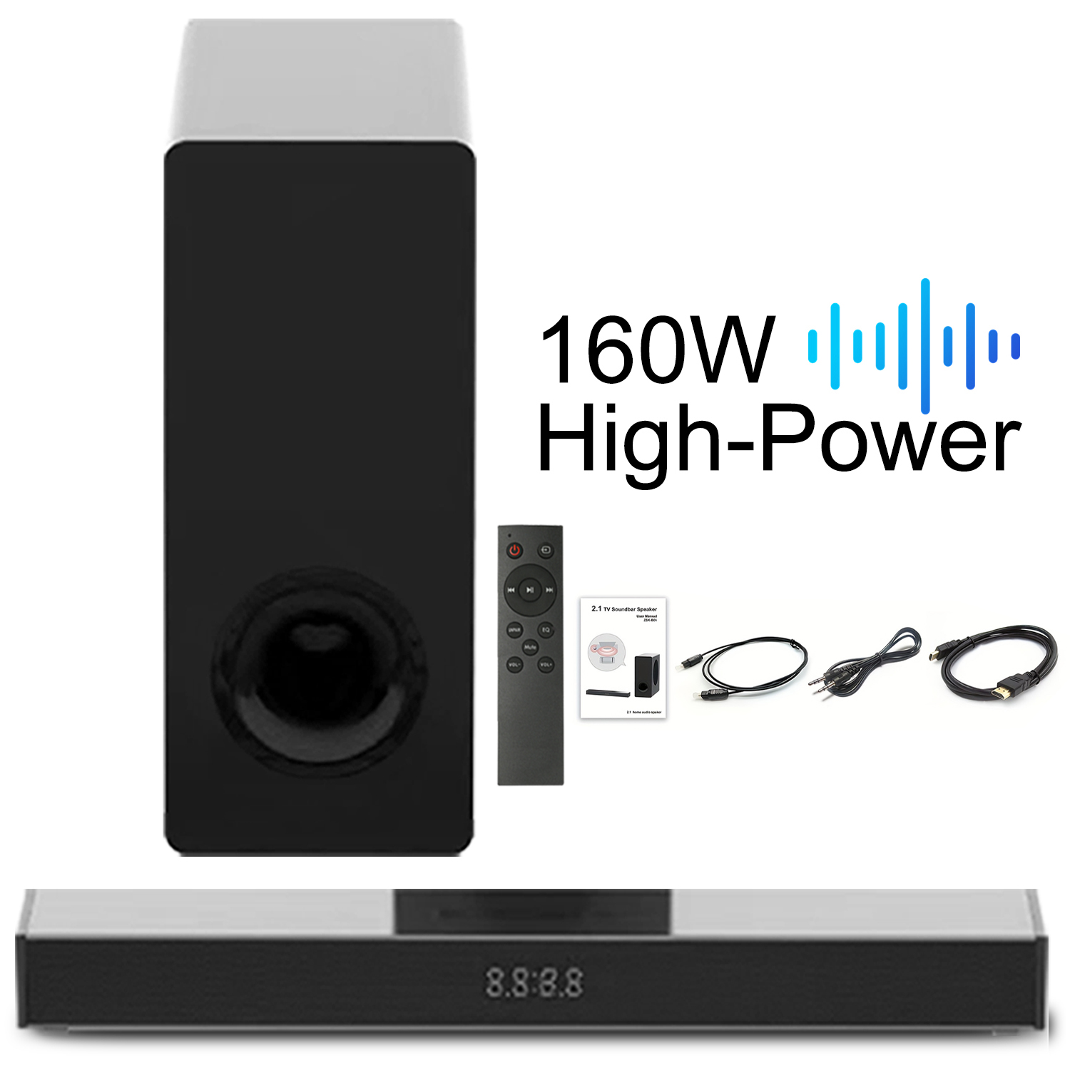 Barra de som de 160W 2.1 canais com subwoofer sem fio, graves ajustáveis, HDMI e óptico, Bluetooth 5.3, soundbar para TV