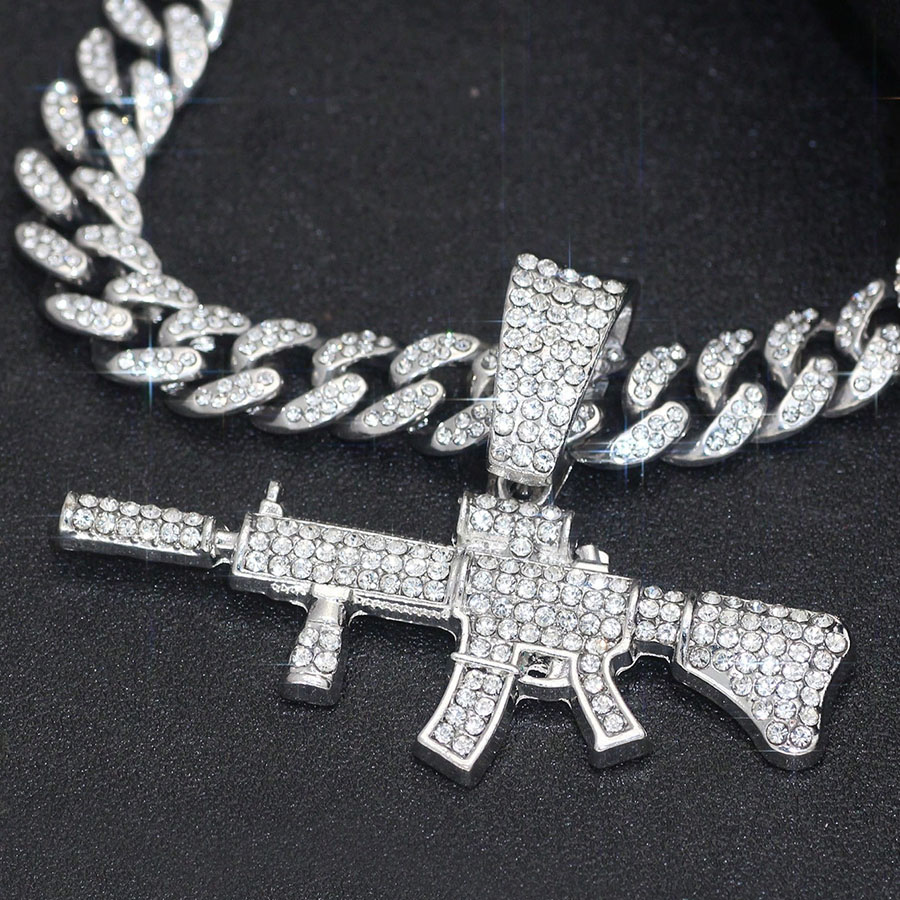 Unissex Hip Hop Diamante-Incrustado Arma Pingente Colar Prata Grosso Meio-Fio Corrente Durável Acessório De Moda Para Us