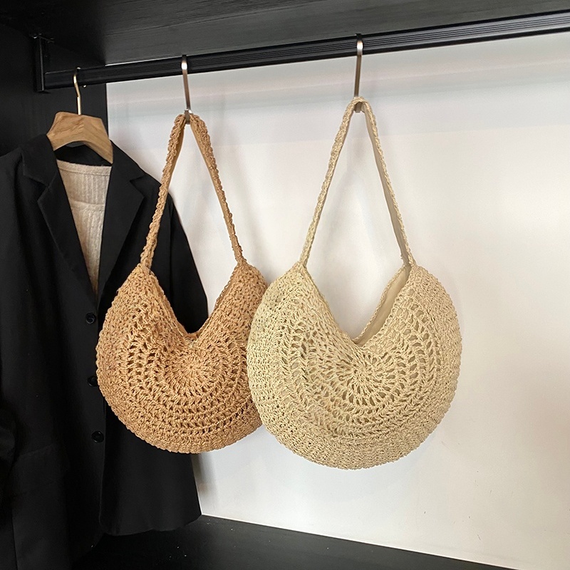 Nova bolsa de palha retrô, praia, beira-mar, lazer, alça única oca, estilo francês, crochê de luxo, bolsa de mão,