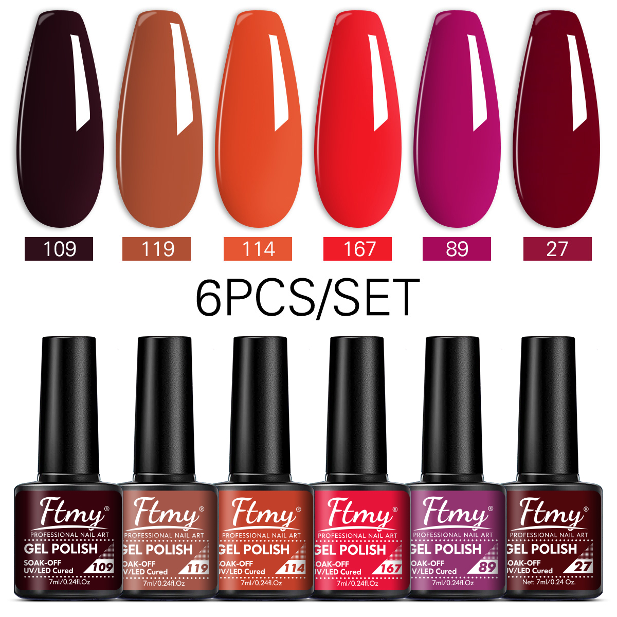 Kit de Esmalte Gel com 6 Cores - Cores Sólidas com Brilho, Preto, Branco e Vermelho | Kit de Esmalte Semi-Permanente