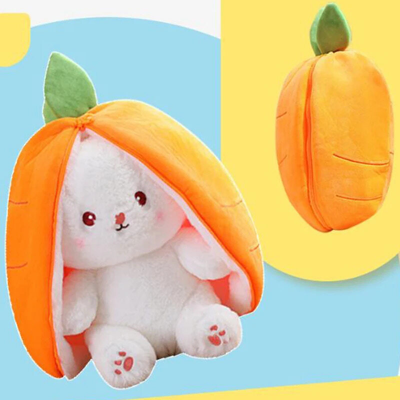 Coelhinho de pelúcia transformado fofo, estilo morango e cenoura, presente delicado de aniversário para crianças,