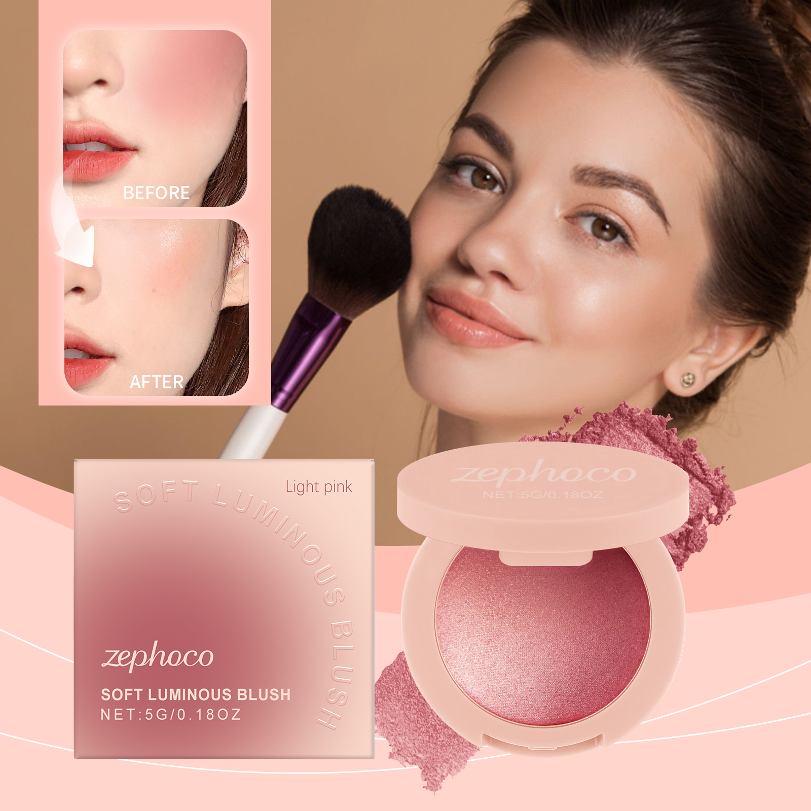 Blush Perolado Luminoso Zephoco – Textura suave natural, realça a pele com um toque de saúde, para bochechas delicadas e