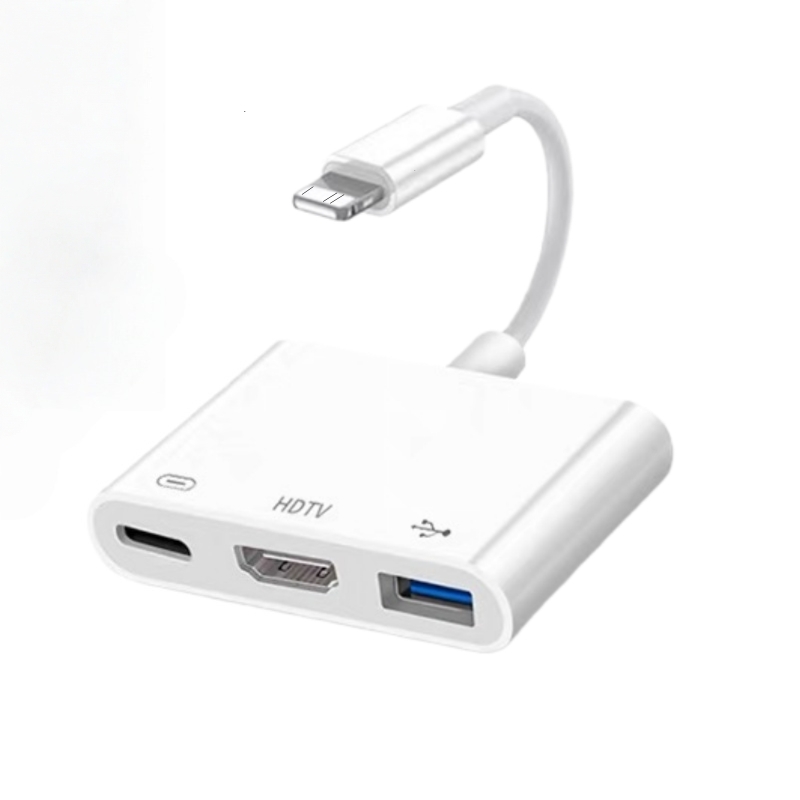 Hub 3 em 1 iOS OTG para iPhone HDTV USB para Carregamento Áudio Vídeo Conector