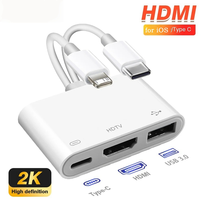 Adaptador HDMI exclusivo para iOS 3 em 2 com conectores USB-C iOS, saída de vídeo HD 2K, carregamento e hub USB 3.0