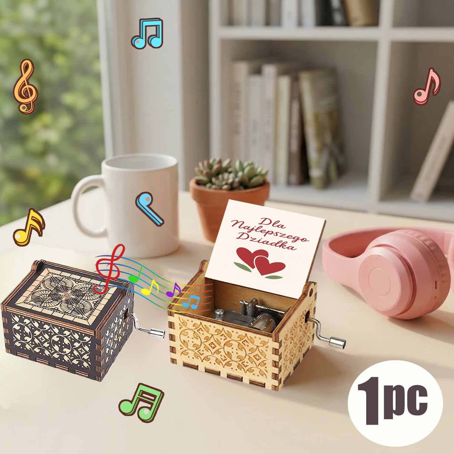 1 peça caixa de música vintage de madeira, coração vermelho romântico em tom quente, manivela manual, presente de