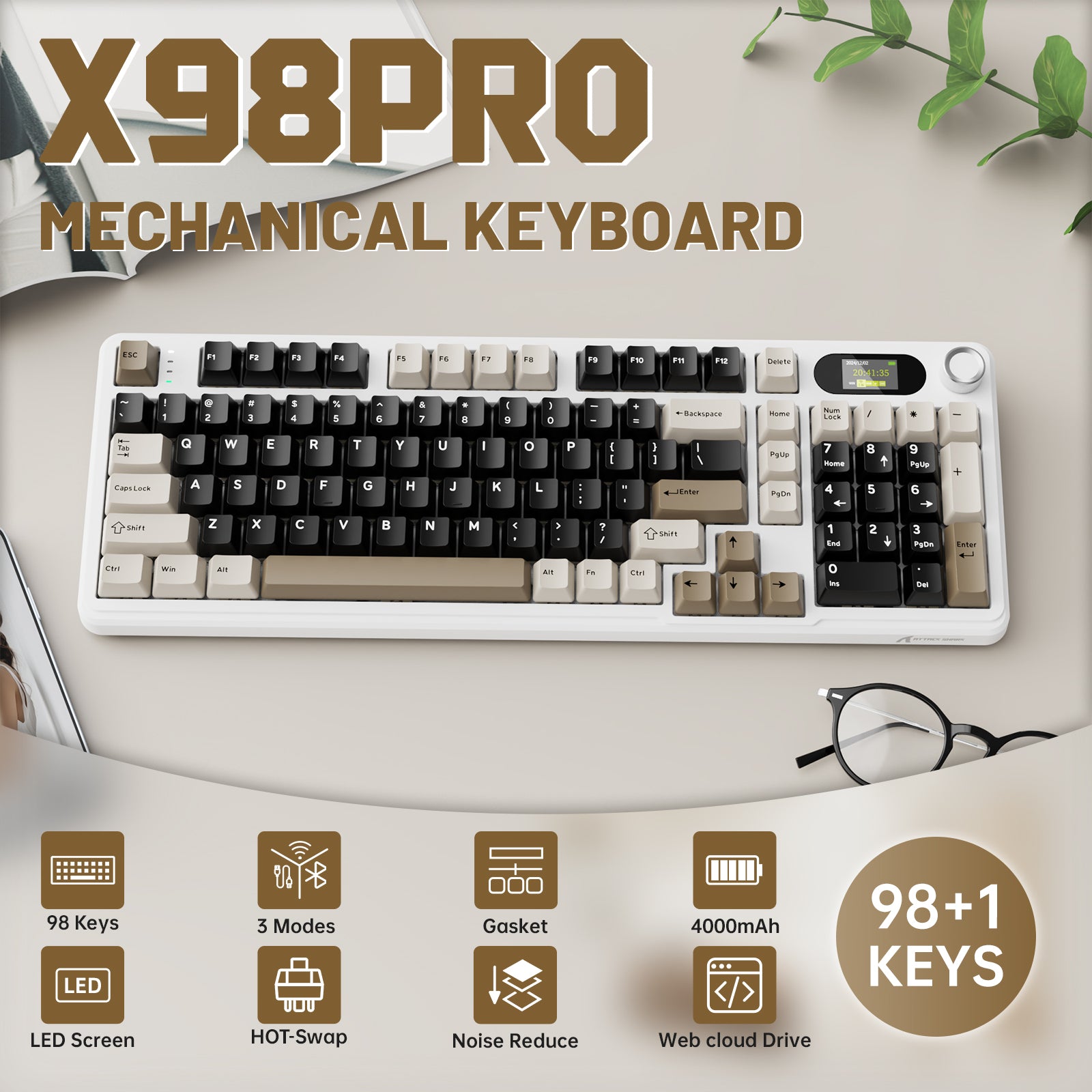 Teclado Mecânico Gamer Attack Shark X98 Pro Tri-Modo Bluetooth Com Fio 98 Teclas Tela TFT Botão CNC Troca Rápida