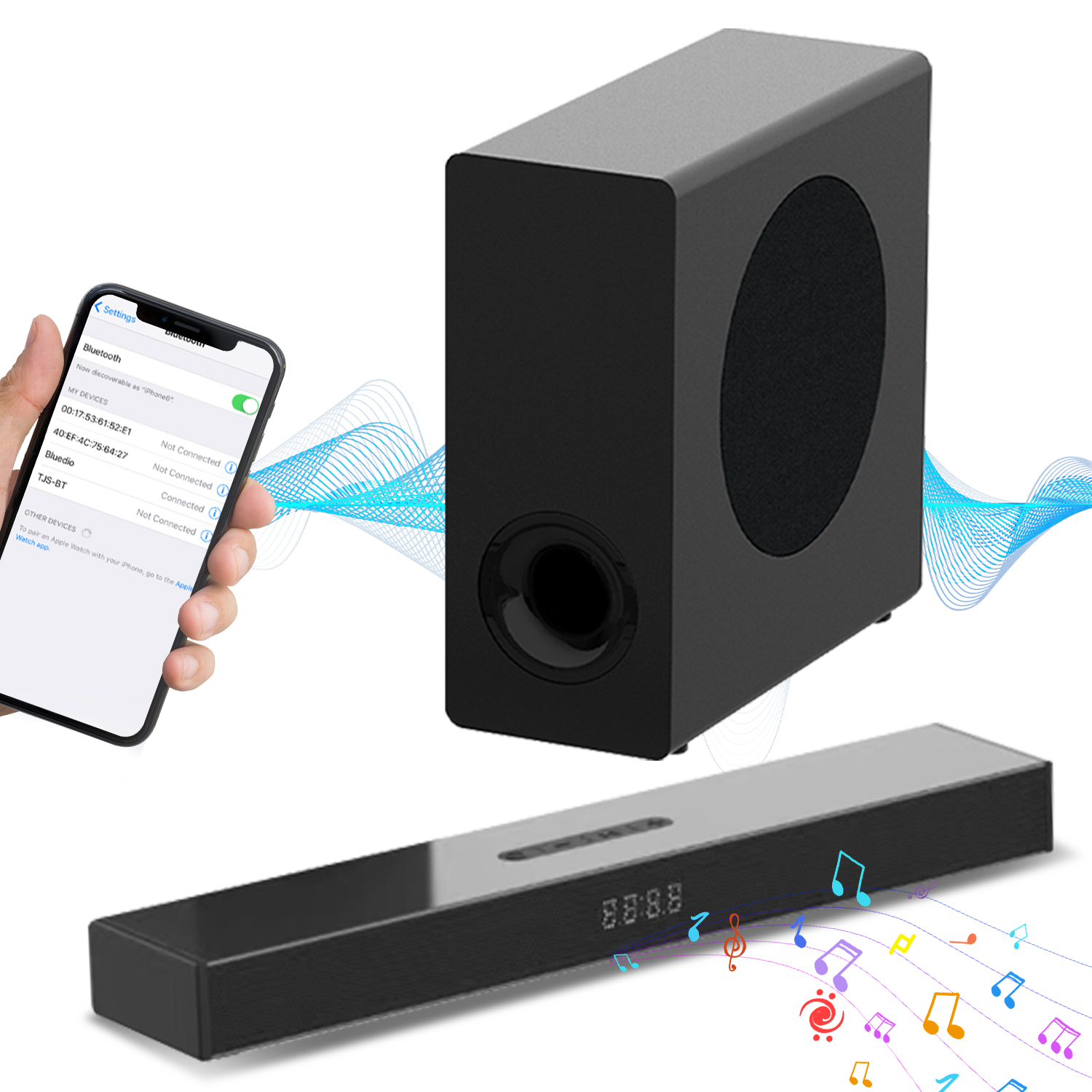 Barra de som de 160 W com subwoofer com fio, alto-falante de entretenimento doméstico 3D envolvente, Bluetooth, para PC,