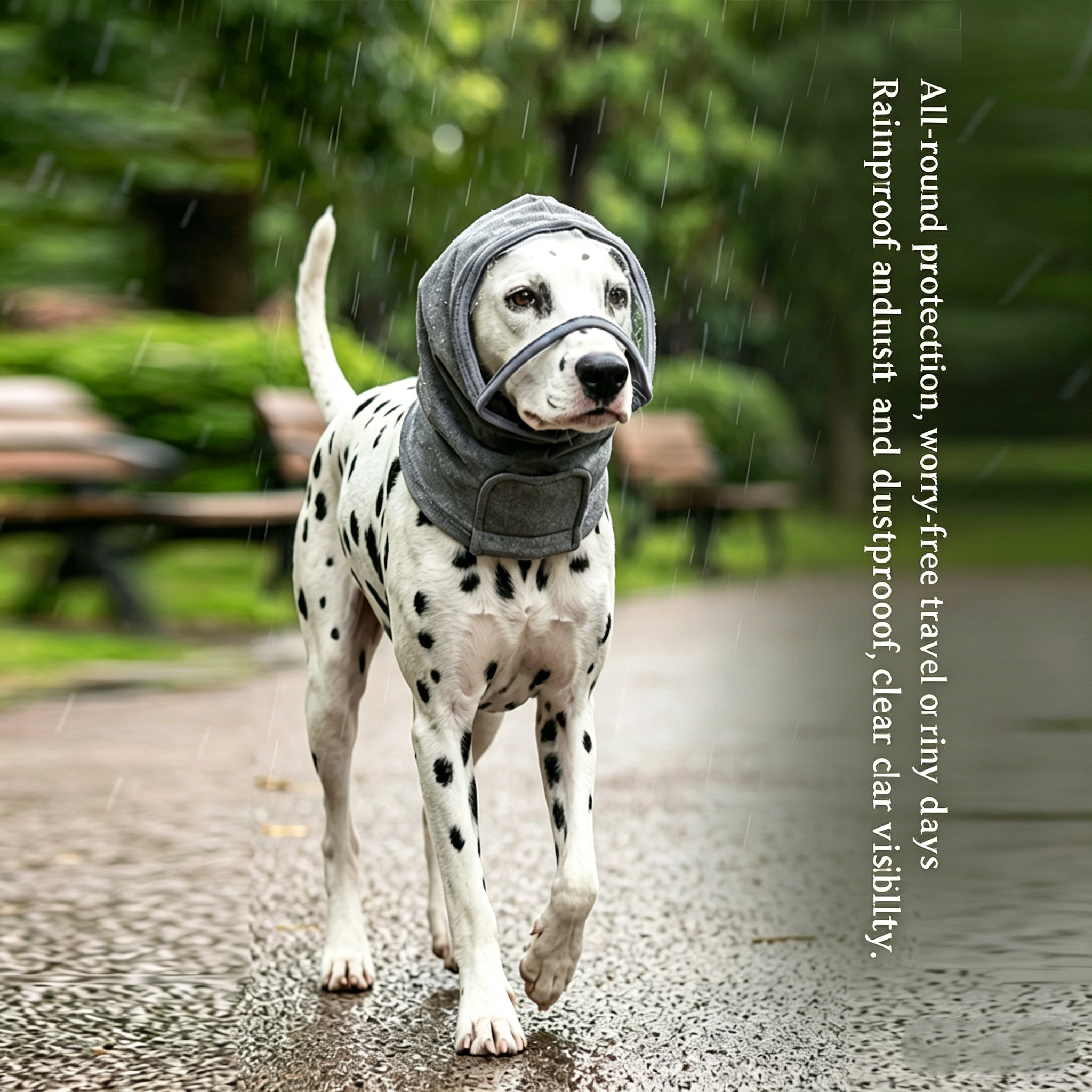 Capa de Cabeça para Cães com Visor Transparente: Protege contra poeira, areia e chuva, impedindo a entrada de água.