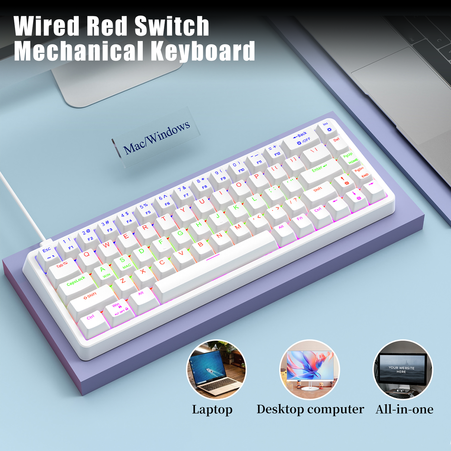 Teclado Mecânico para Jogos Teclado Gatilho Rápido Branco Com Fio Interruptor Vermelho RGB 68 Teclas Compacto Teclado
