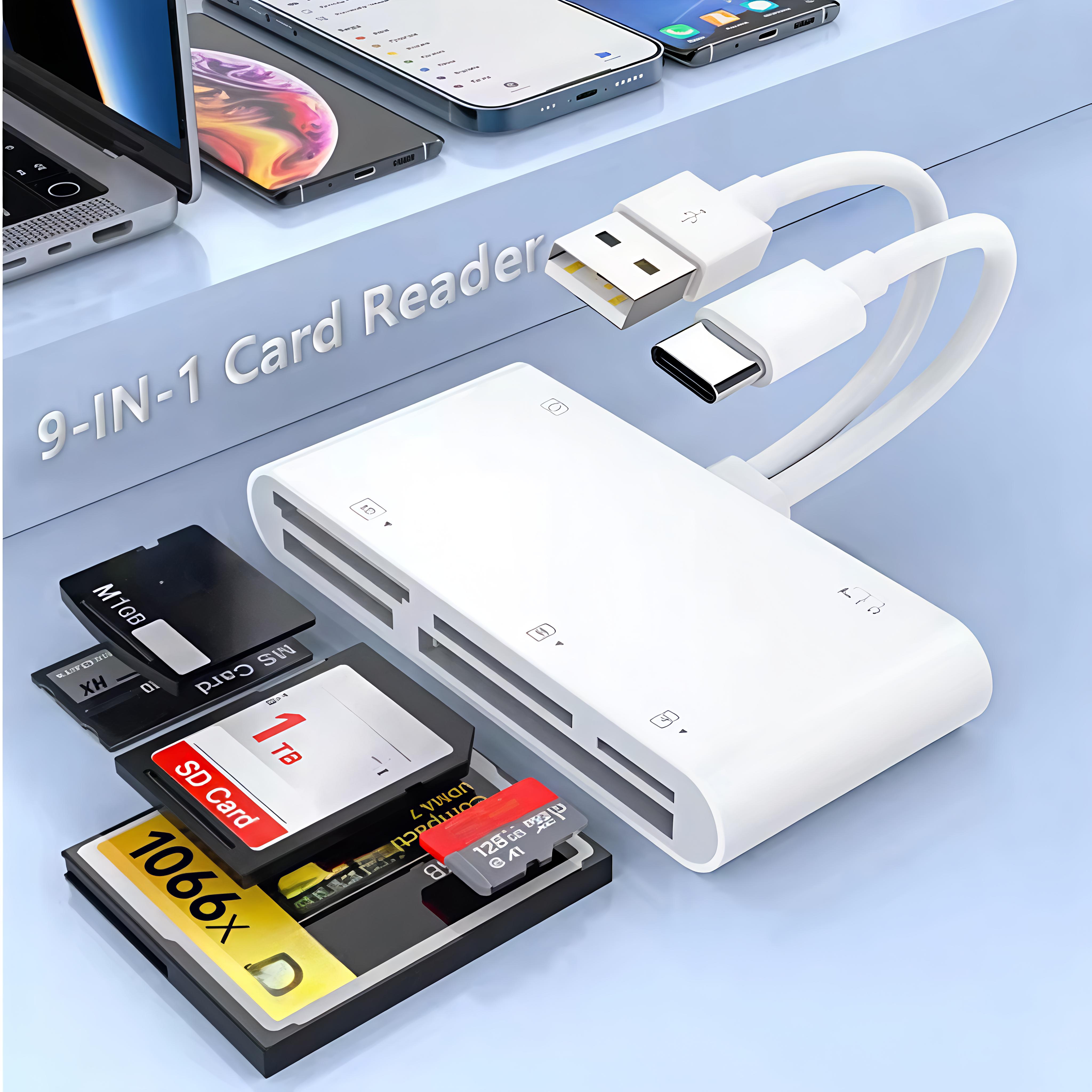Hub USB Multifuncional 9-em-2, Leitor USB-C Externo para Cartões CF/XD/MS/TF/SD, Adaptador USB-C, Estação de Acoplamento
