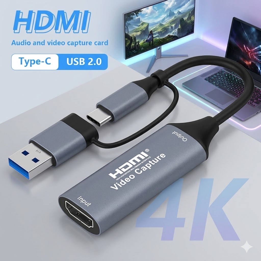 2K 4K HD Interface USB-C de vídeo e áudio compatível com HDMI para captura de vídeo para câmera, computador e TV Pro
