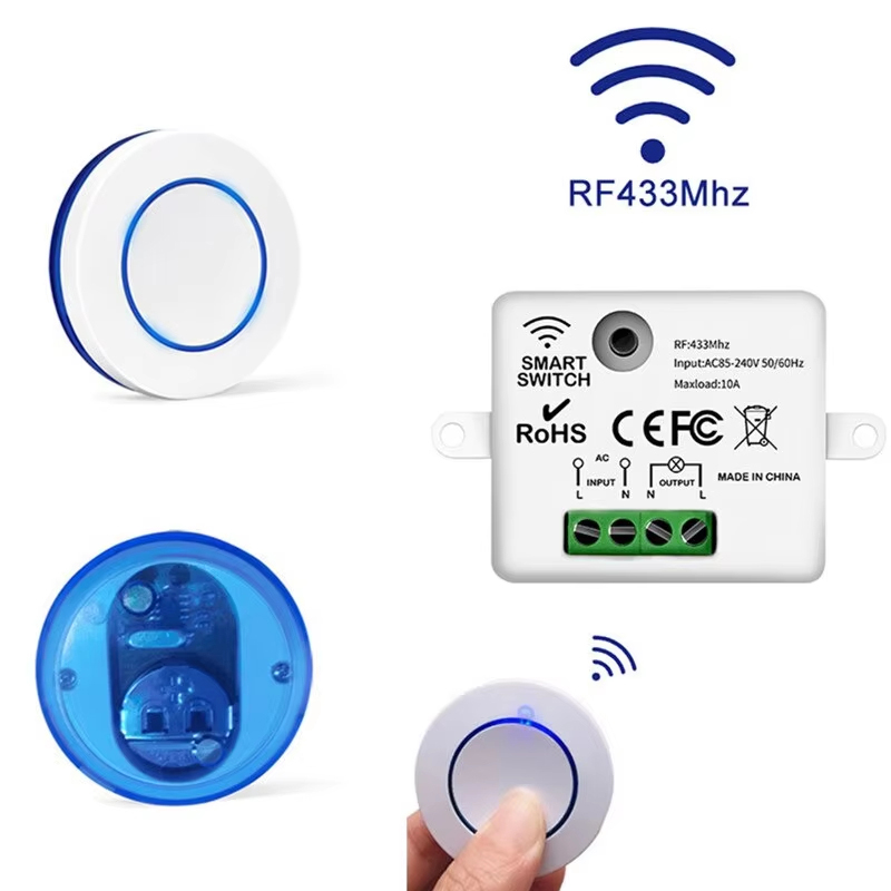Receptor de Relé de Controle Remoto RF 433MHz 10A 220V 110V Interruptor de Parede Mini Painel Redondo com Botão para Luz