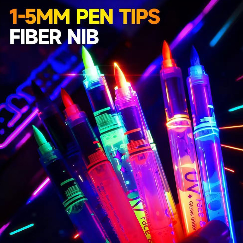Detalhes do Caneta Fluorescente Luminosa para o Corpo, Rosto e Mãos, 8 Peças, Cores Brilhantes, Marcador de Tinta com Glitter,