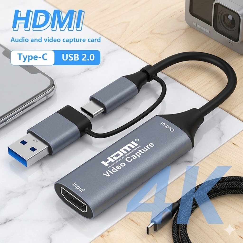 Placa de captura de vídeo e áudio HDMI 2 em 1, HD 4K, interface USB 2.0 Tipo-C, para notebook