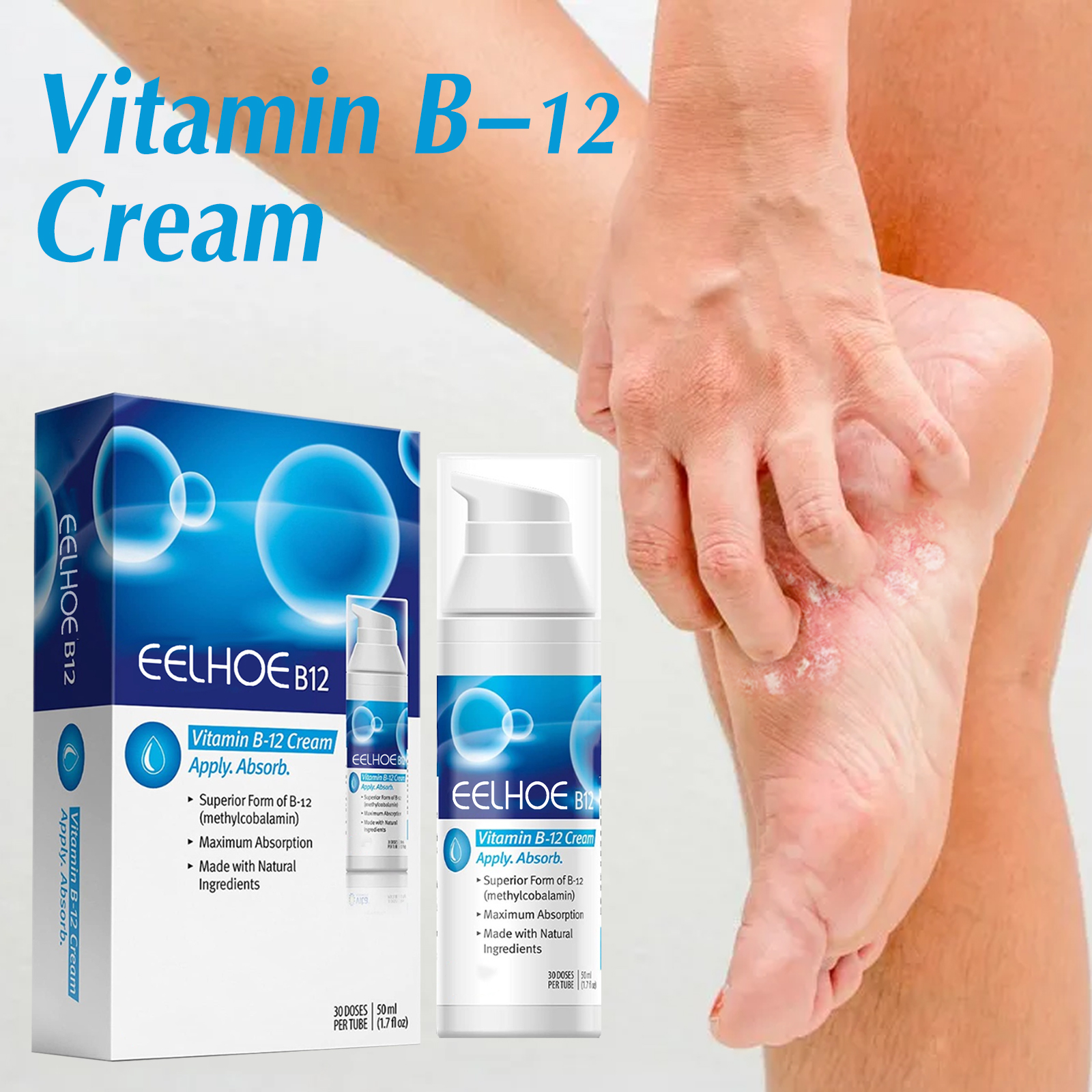 Creme de Vitamina B12 para Psoríase & Dermatite 50 ml – Alivia coceira, vermelhidão, descamação e hidrata áreas secas