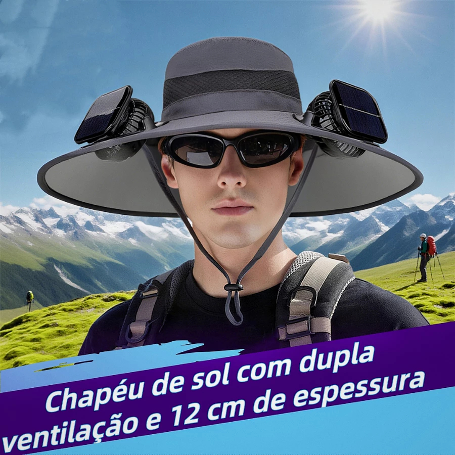 Chapéu solar portátil com ventilador de resfriamento para aventuras de pesca e camping ao ar livre