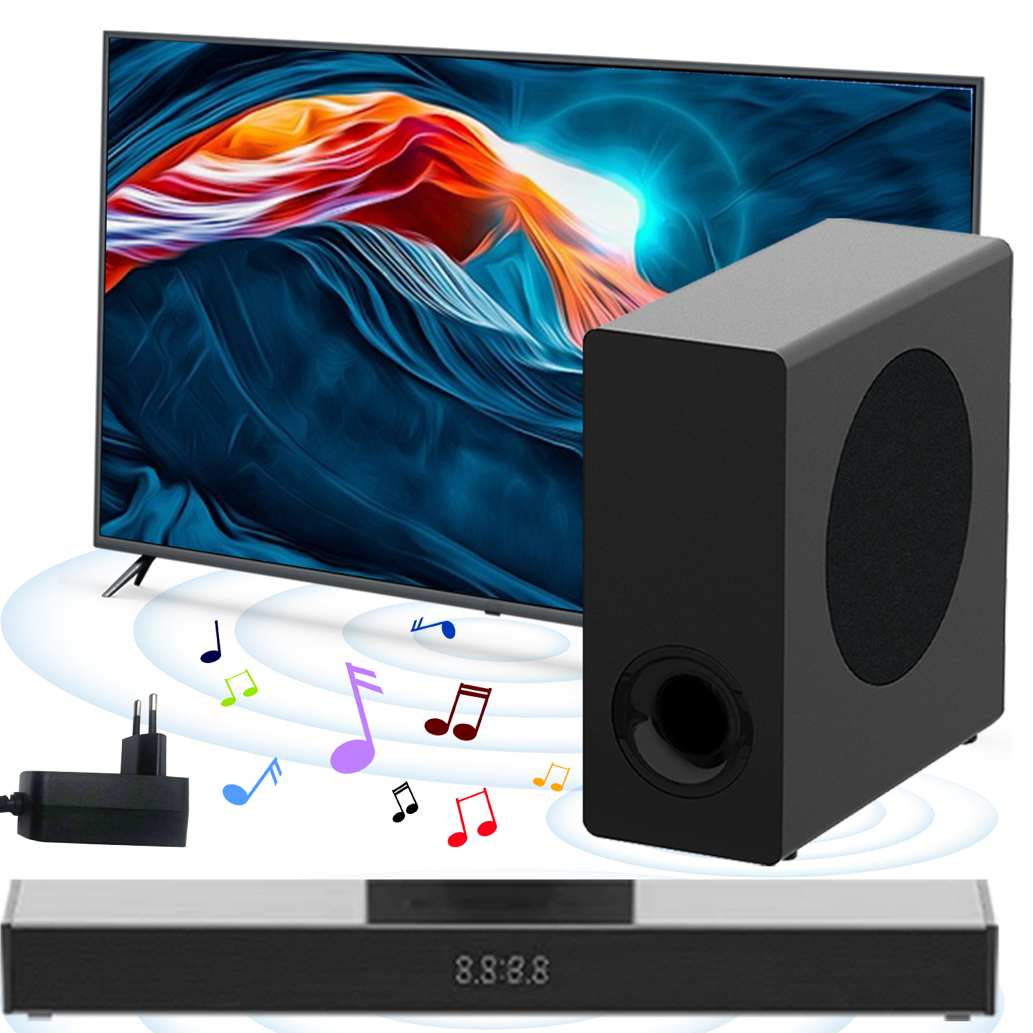 Soundbar sem fios com áudio estéreo potente, design compacto, Bluetooth rápido, ideal para jogos e filmes, presente