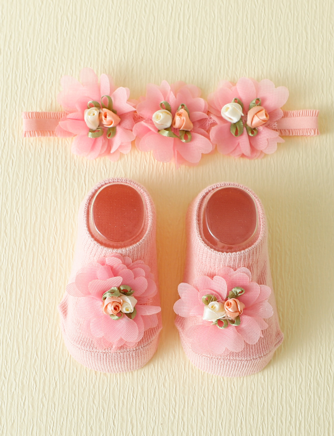  Conjunto de Faixa de Cabelo Floral e Meias Antiderrapantes para Bebê, Ideal para Comemoração do Mês Cheio, Primeiro